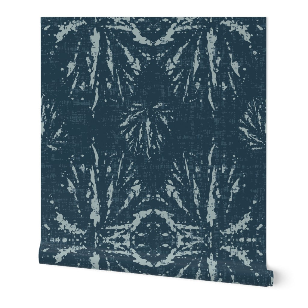 Blue patterned wallpaper swatch on a white background